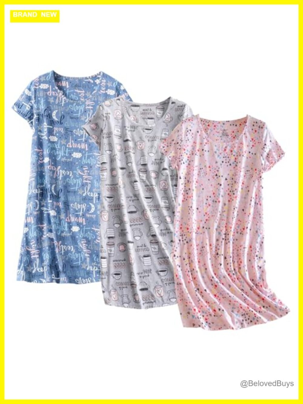 3 Pack Cotton Nightgown Short Sleeve Sleep Shirt Dress Sleepdress